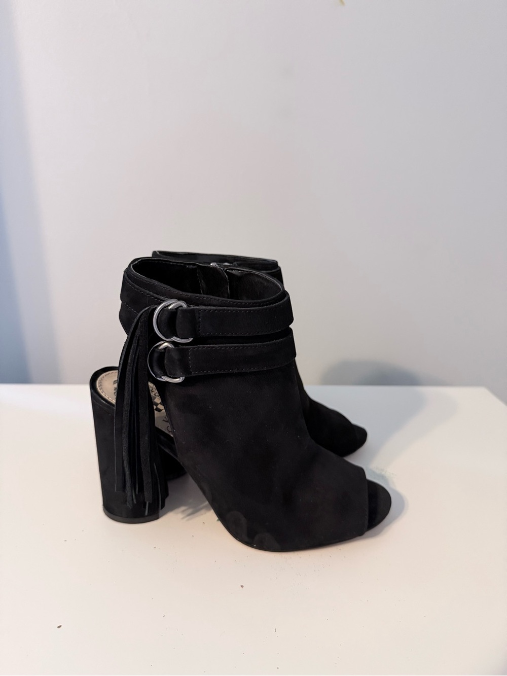 Vince Camuto Black Suede Open-Toe Block Heel Booties with Tassel